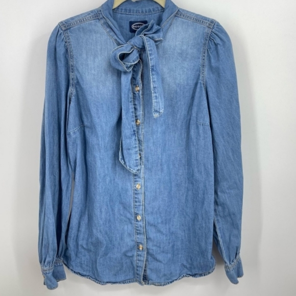 Scoop NYC- Chambray Neck Tie Long Sleeve Top-M - Picture 2 of 2